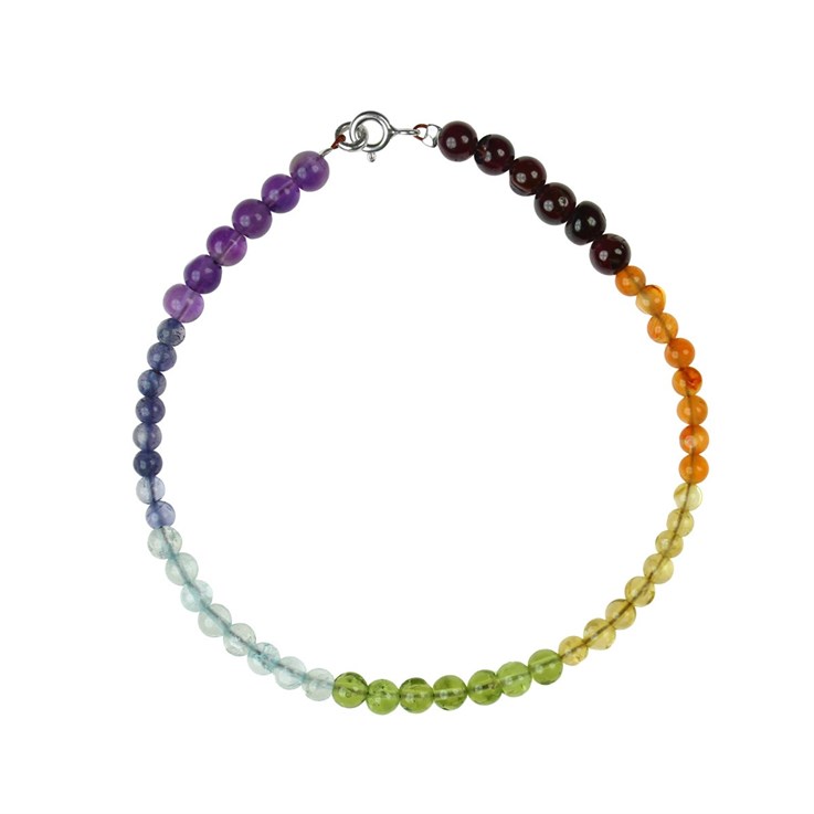 7 Chakra Round Bead Bracelet with Sterling Silver Bolt Ring Clasp
