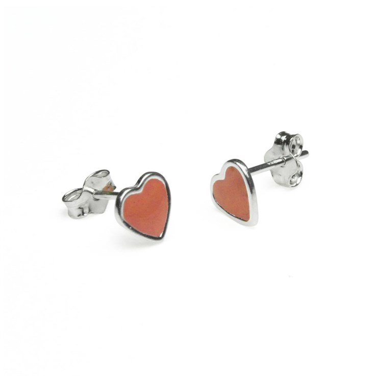 Pink Enamelled Heart Earstuds 6mm with Scrolls Sterling Silver (STS)
