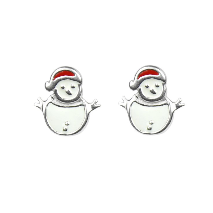White Enamelled Snowman Earstuds 11mm with Scrolls Sterling Silver (STS)