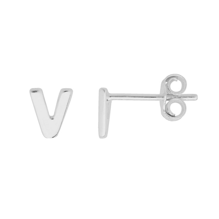 Lowercase Alphabet Letter v Earstud with Scroll (SINGLE) Sterling Silver