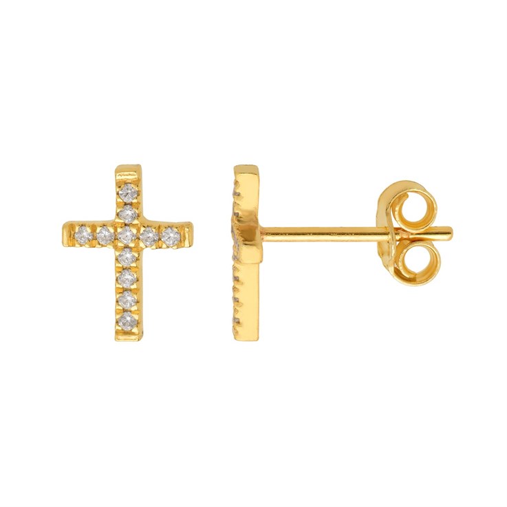 Cross Earstuds with CZ 10x7mm w/Scrolls Gold Plated Sterling Silver Vermeil