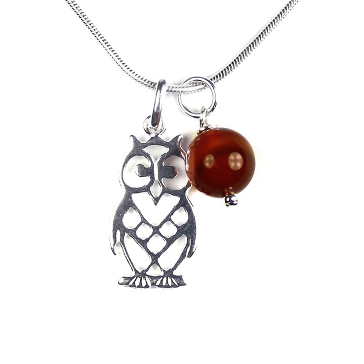 Owl Charm & Carnelian Gemstone Necklace Sterling Silver