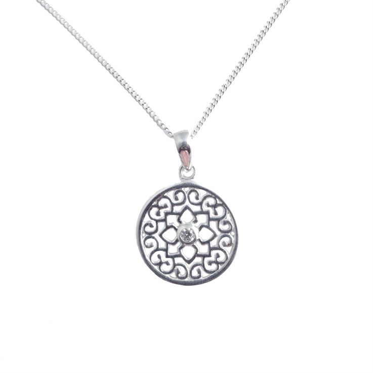 Mandala Flower Design Round Pendant Necklace Sterling Silver