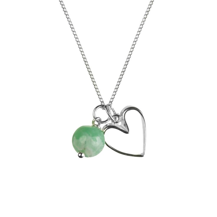 Chrysoprase Necklace with Heart Charm -Birthstone  May  Sterling silver