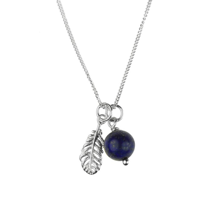 Lapis Necklace w/Feather Charm - Birthstone September  Sterling silver