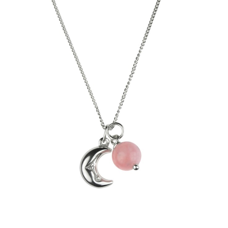 Pink Opal  Necklace w/Moon Charm - Birthstone  October Sterling silver