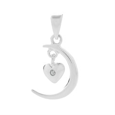 Crescent Moon with Heart and CZ Charm/Pendant Appx 17mm Sterling Silver