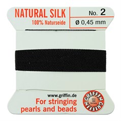 Griffin Natural Silk Beading Thread (0.45mm No.2) + Needle Black 2 metres NETT